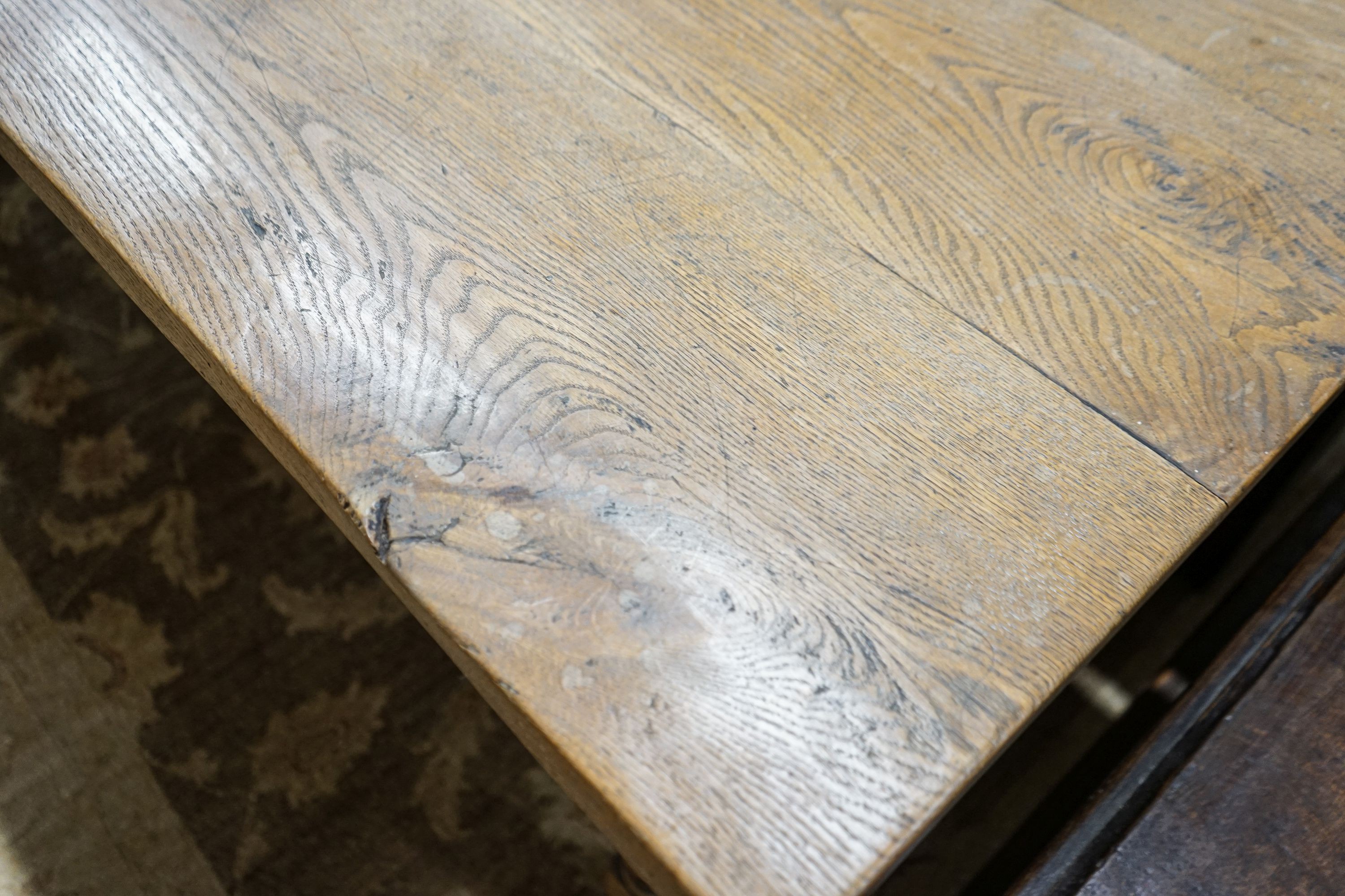 An 18th century style rectangular oak refectory dining table, length 202cm, depth 78cm, height 80cm